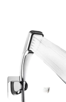 Chrome shower head with water flowing.