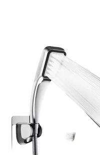 Chrome shower head with water flowing.