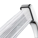 Chrome shower head with water flowing.