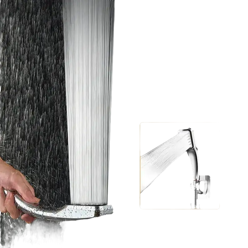 Pressurized shower head with fine water streams.