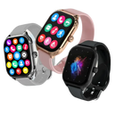 Three smartwatches with different colored bands and screens.