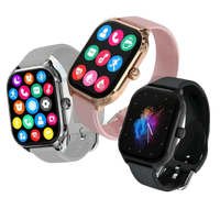 Three smartwatches with different colored bands and screens.