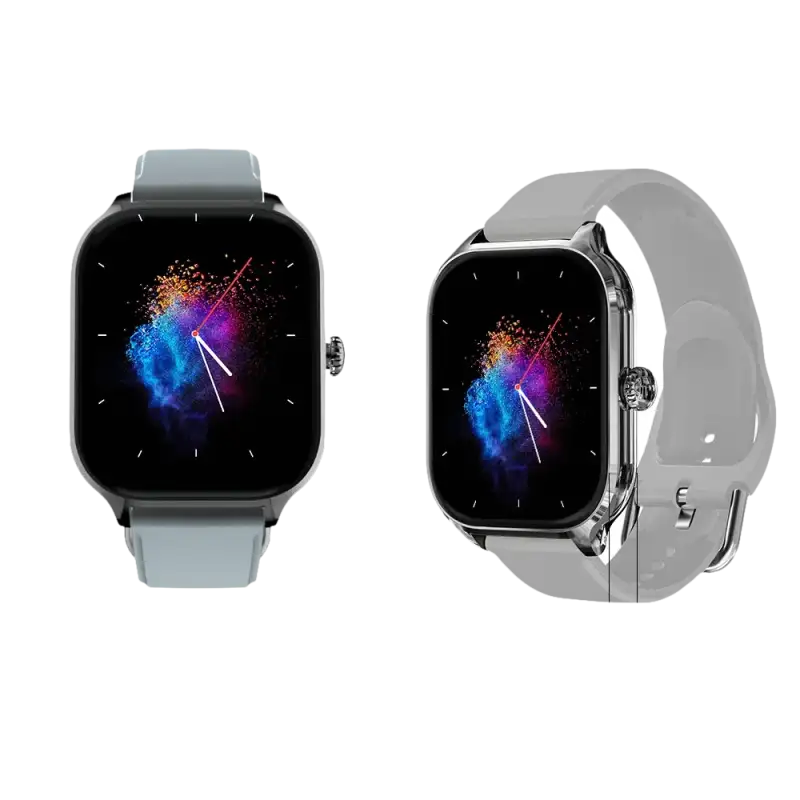 Two smartwatches with dimensions.