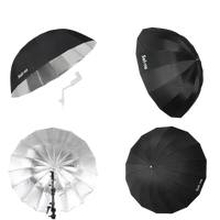 Photography lighting umbrella with black exterior and silver interior.