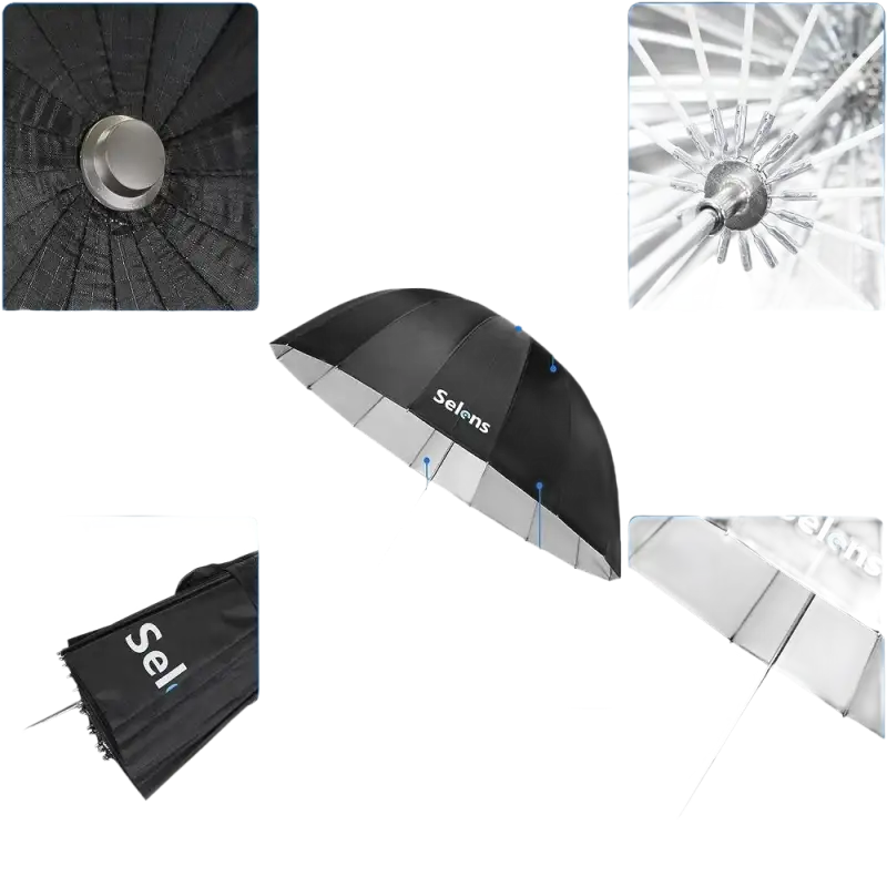Photography umbrella with labeled components.