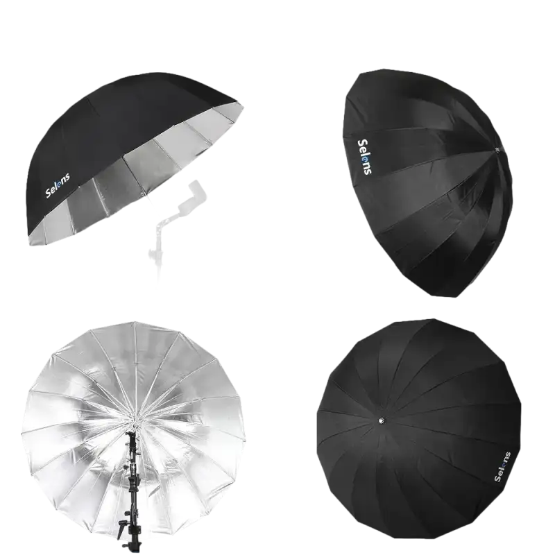 Photography lighting umbrella with black exterior and silver interior.