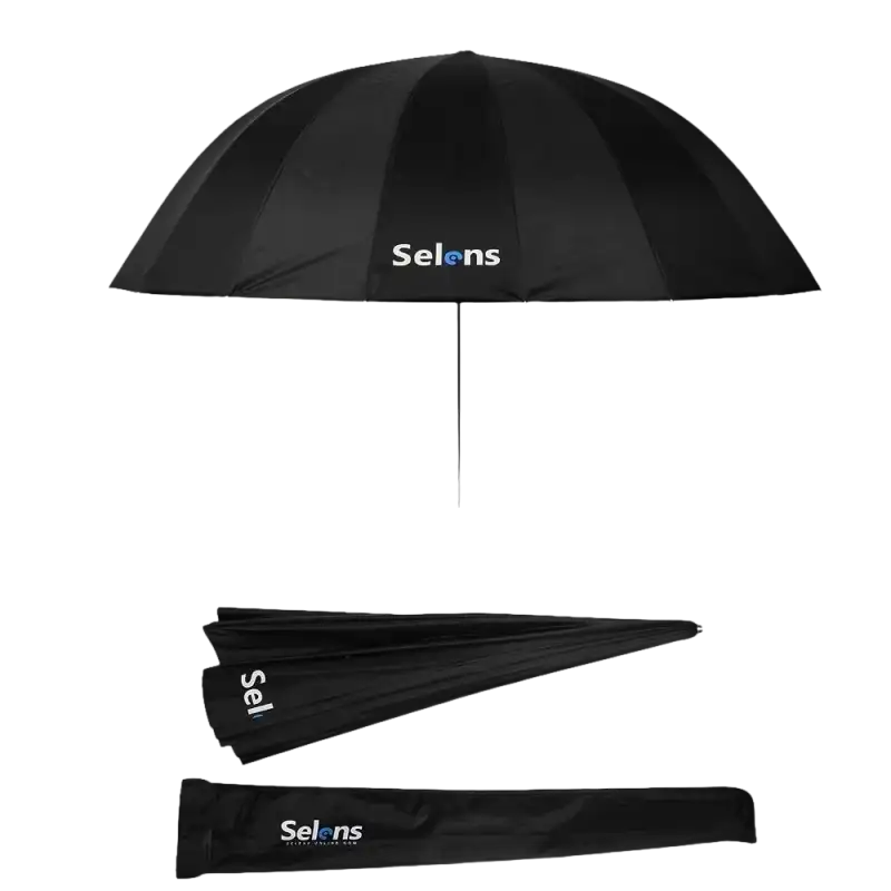 Black photography umbrella with dimensions and weight information.