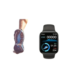 Black smartwatch displaying fitness data.