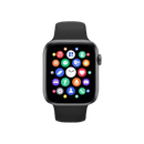 Black smartwatch with colorful app icons.