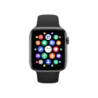 Black smartwatch with colorful app icons.