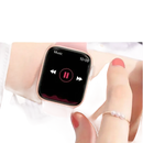 Pink smartwatch displaying music controls.
