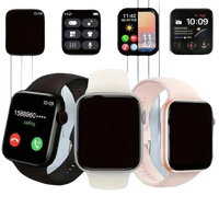 Smartwatches with different colored bands and screen displays.