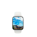 White smartwatch displaying a mountain landscape.
