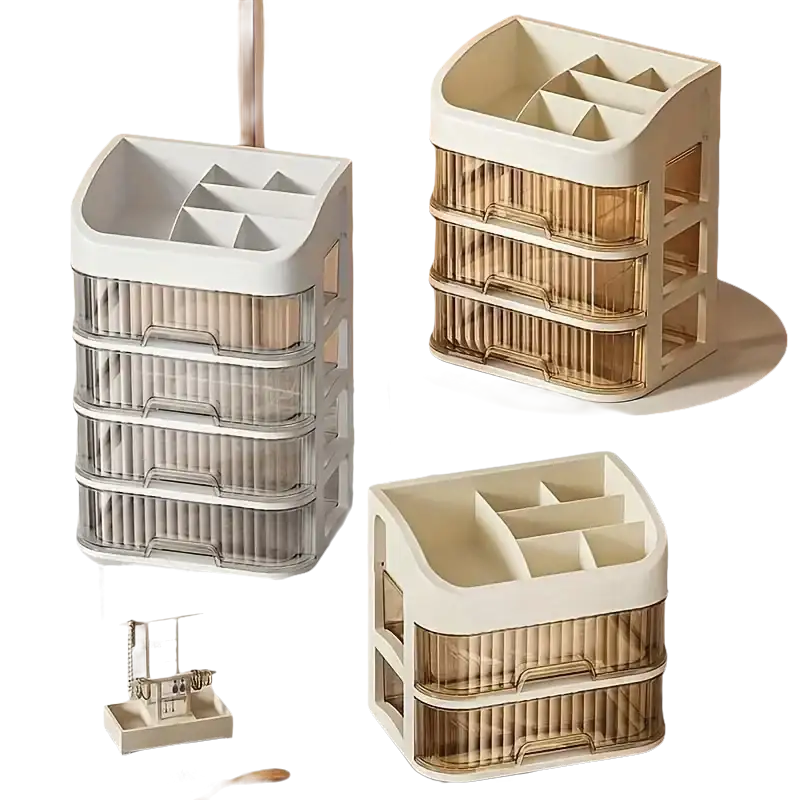 Cosmetic storage organizers with drawers.