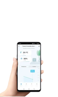 Smartphone showing tuya temperature humidity data on mini lcd display of Your Sweet Tuya Sensor Mini LCD