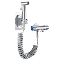 Silver bidet sprayer with coiled hose.
