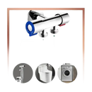 Chrome-plated dual-outlet water valve.