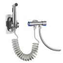 Chrome bidet sprayer with coiled hose.