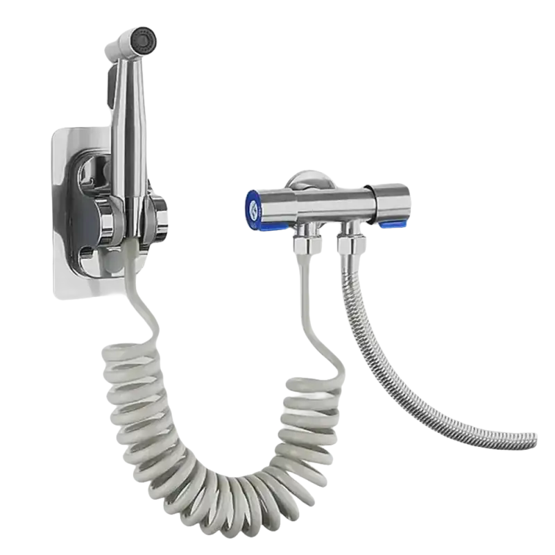 Chrome bidet sprayer with coiled hose.