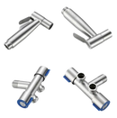 Four views of a brushed metal bidet sprayer and valve.
