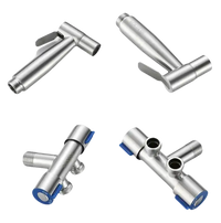 Four views of a brushed metal bidet sprayer and valve.