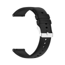 Black silicone watch band with silver buckle.
