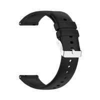 Black silicone watch band with silver buckle.