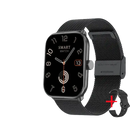Black smartwatch with a stainless steel mesh band.