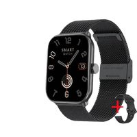Black smartwatch with a stainless steel mesh band.