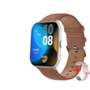 Smartwatch with brown leather band.
