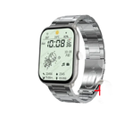 Silver smartwatch with metal band.