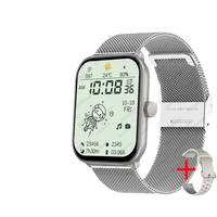 Silver smartwatch with mesh band.