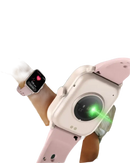 Pink smartwatch with health tracking features.