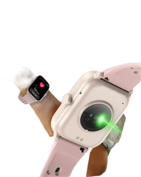 Pink smartwatch with health tracking features.