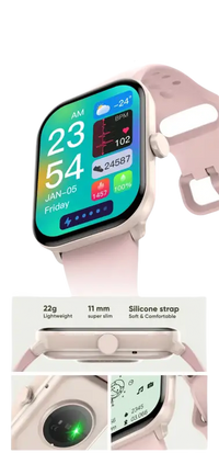 Pink smartwatch with a digital display.