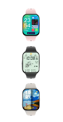 Three smartwatches with different colored bands.