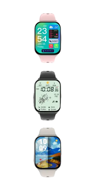Three smartwatches with different colored bands.