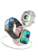 Three smartwatches with different colored bands.