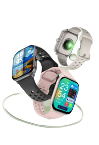 Three smartwatches with different colored bands.