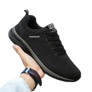 Black knit athletic shoe.