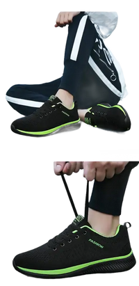 Black and green running shoes.
