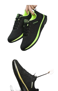 Black and neon green athletic shoes.