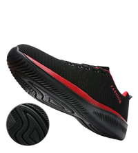 Black and red athletic shoe.