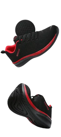 Black and red athletic shoes.