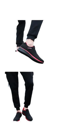 Black and red athletic shoes.