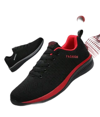 Black and red men’s sneakers.