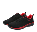 Black and red running shoes.
