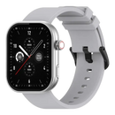 Silver smartwatch with gray band.